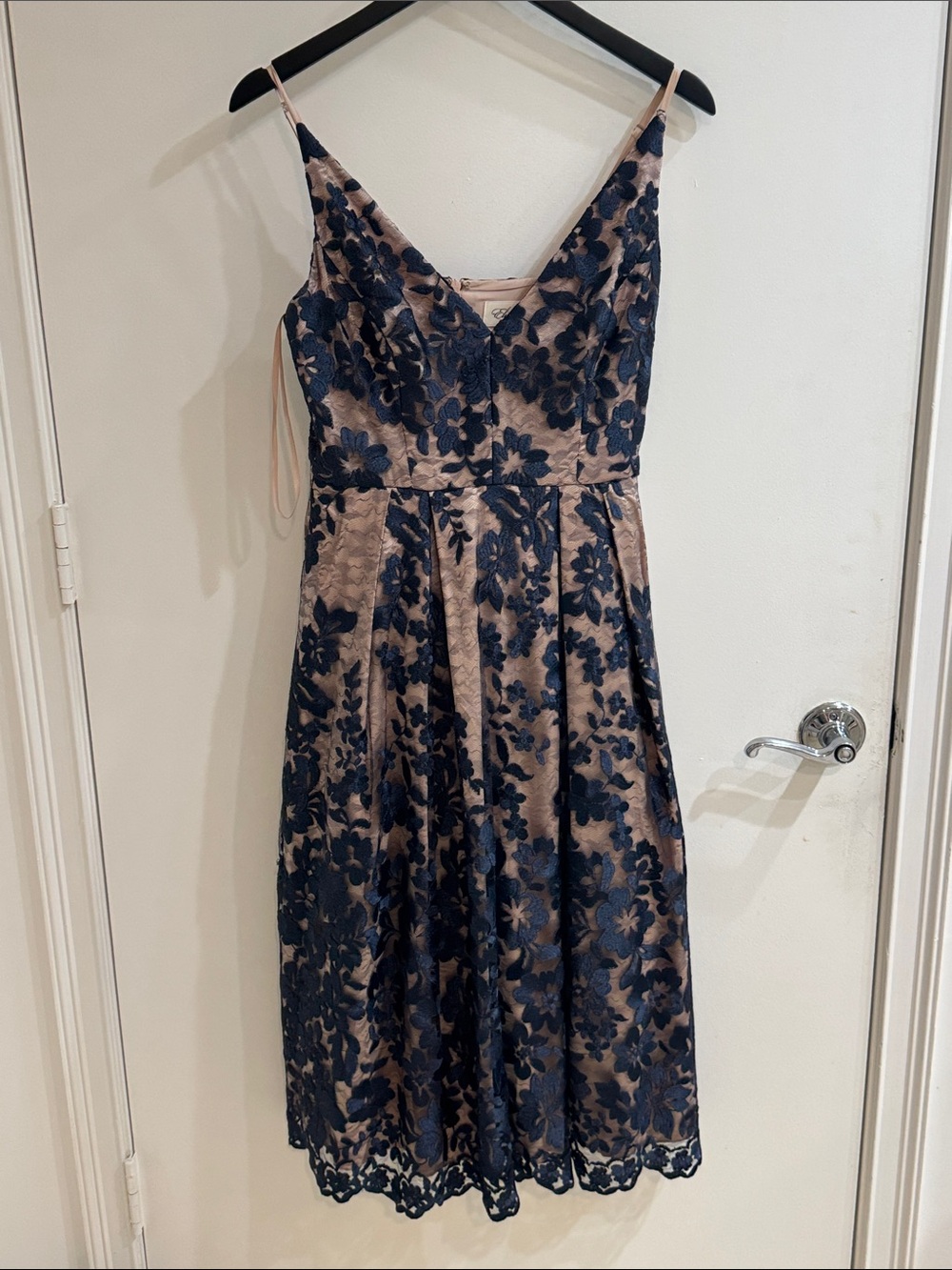 Eliza J Blush Midi Dress with Navy Floral Lace
